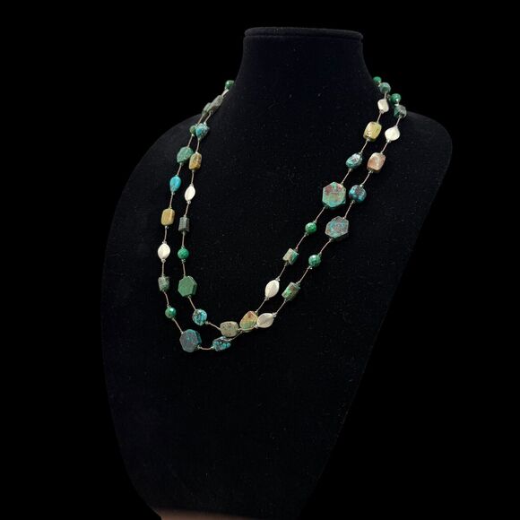 Margo Morrison Hex Chrysocolla & Turq Combo, Silv Flat Bead Swar SS 53” Necklace - Picture 1 of 9